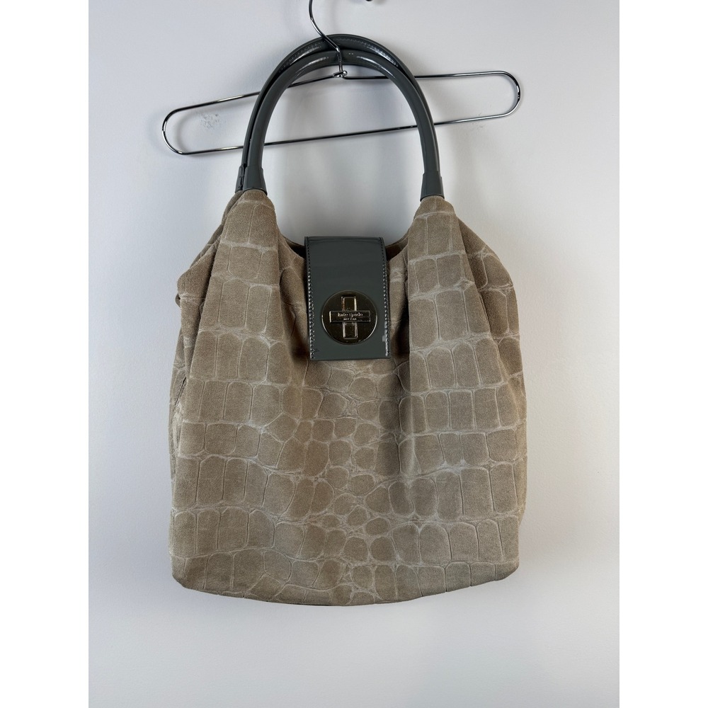 Kate Spade Shoulder Bag Women's Large Taupe Croc Embossed Suede Vintage Hobo